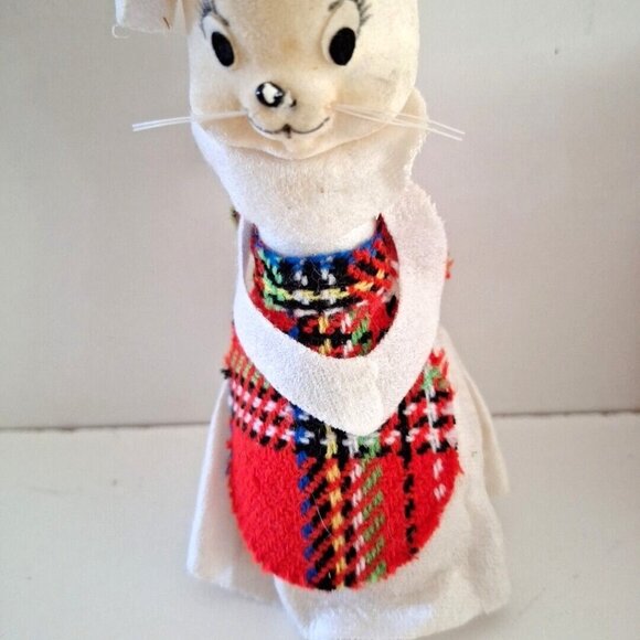 Flocked White Mouse Christmas Ornament 6" Plaid Apron Ears Vintage Taiwan - Picture 10 of 10